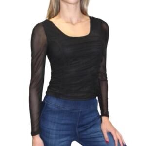 Crave Fame Ruched Mesh Puff-Sleeve Top